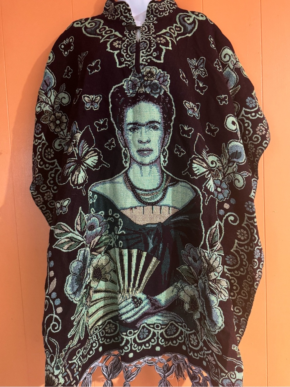 Frida-Inspired Black & Mint Woven Poncho Cape